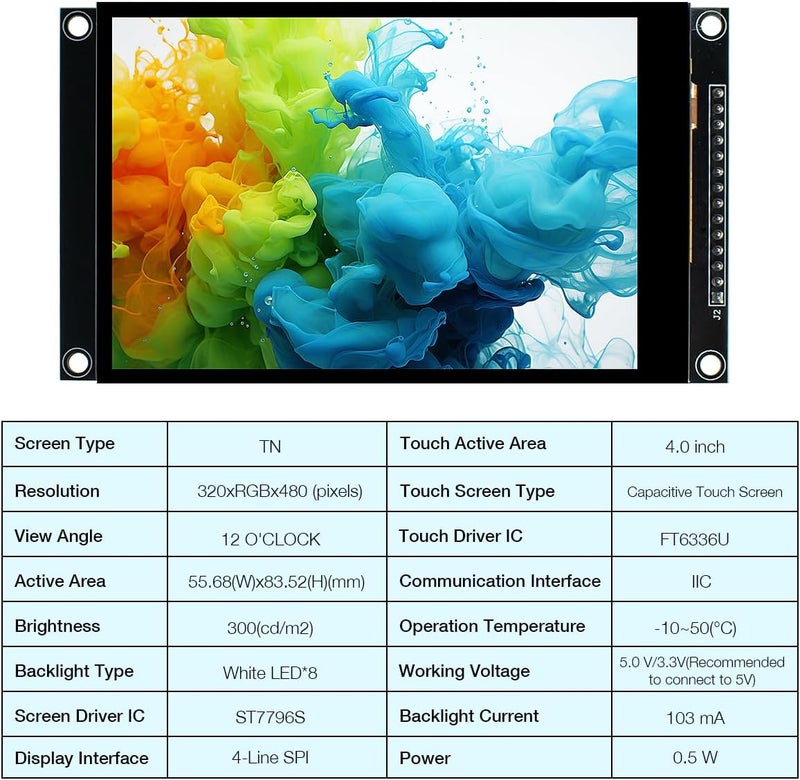 Hosyond شاشة LCD تعمل باللمس سعة 4.0 بوصة 320x480 TN مع وحدة تحكم ST7796S تسلسلية SPI لأردوينو R3/Mega2560/ESP32 - Image 3